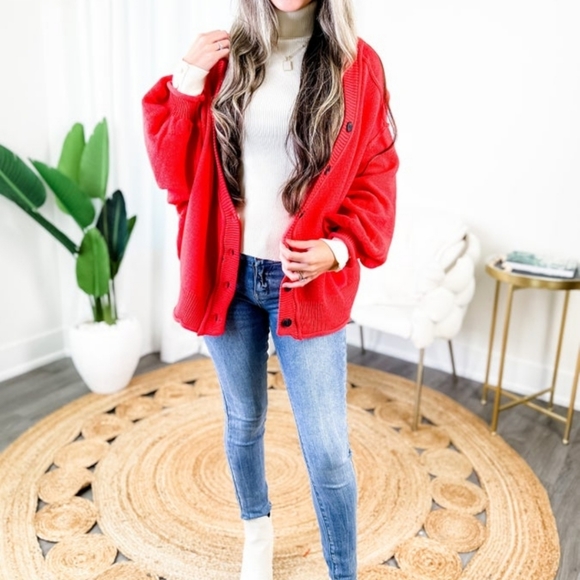 New POL loose fit button cardigan balloon sleeve sz XL red - Picture 3 of 10